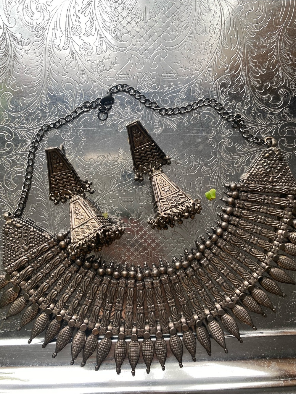 Bohemian Statement Silver-Tone Tribal Necklace & Earring Set